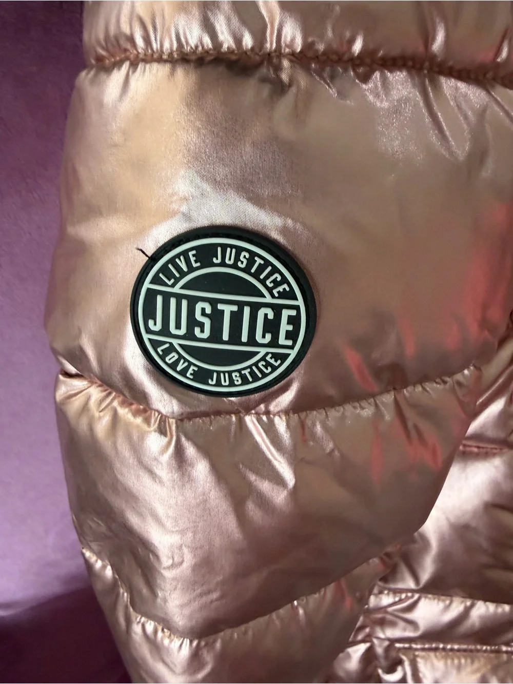 Justice Metallic Rose Pink Puffer Coat with Faux Fur Hood